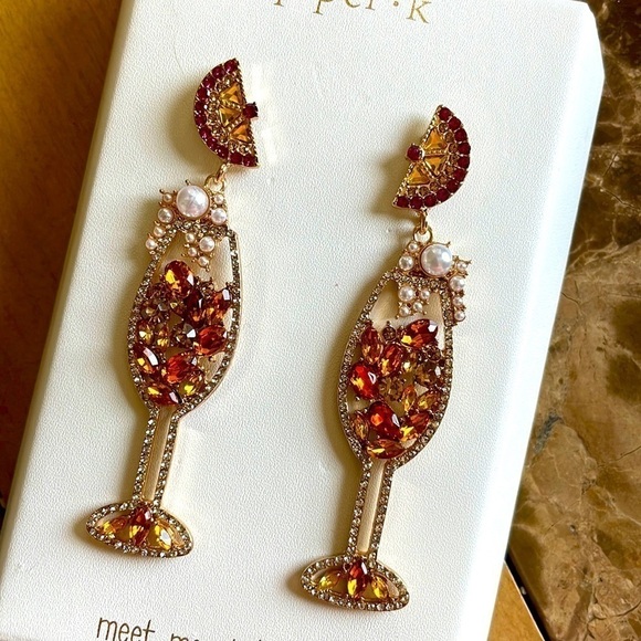 Brand New Piper K “Meet me at Brunch” Cocktail Crystal Rhinestone Drop Earrings - Picture 2 of 12